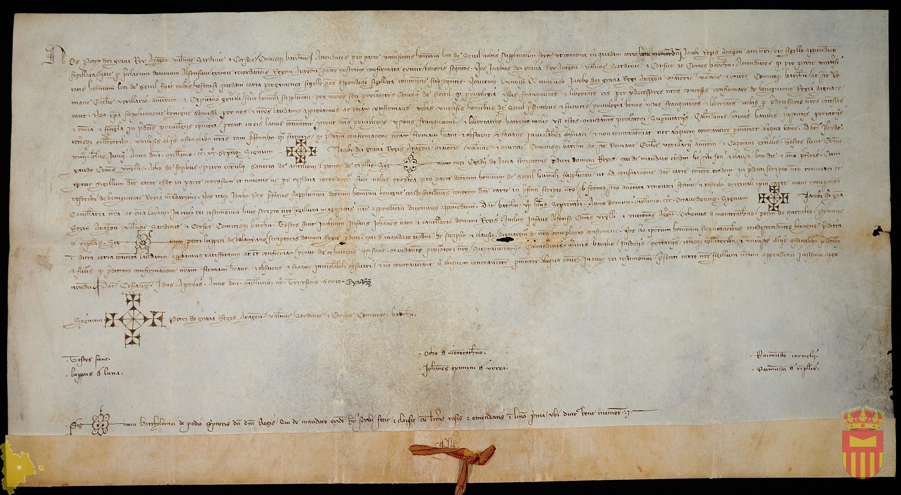 Pedro IV confirma el privilegio real de Jaime II por el que concede a los habitantes de Sevil las franquicias y libertades concedidas a aquellos por sus antecesores